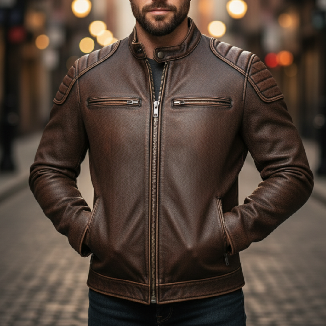 Herren Lederjacke Rindsleder Vintage Look moderne Passform Reißverschlusstaschen