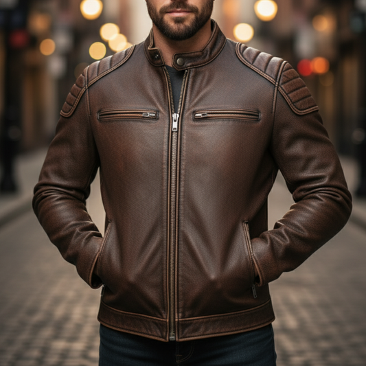Herren Lederjacke Rindsleder Vintage Look moderne Passform Reißverschlusstaschen