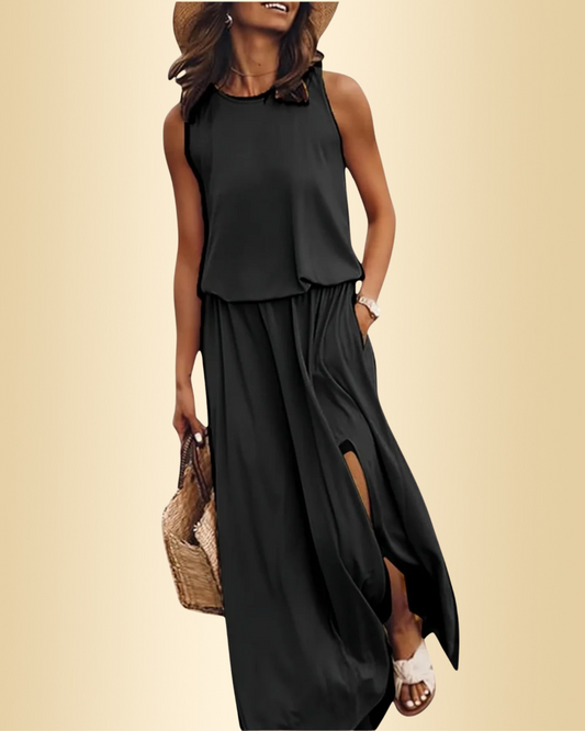 Damen Sommerkleid Schlitz breite Taille locker Passform leicht atmungsaktiv