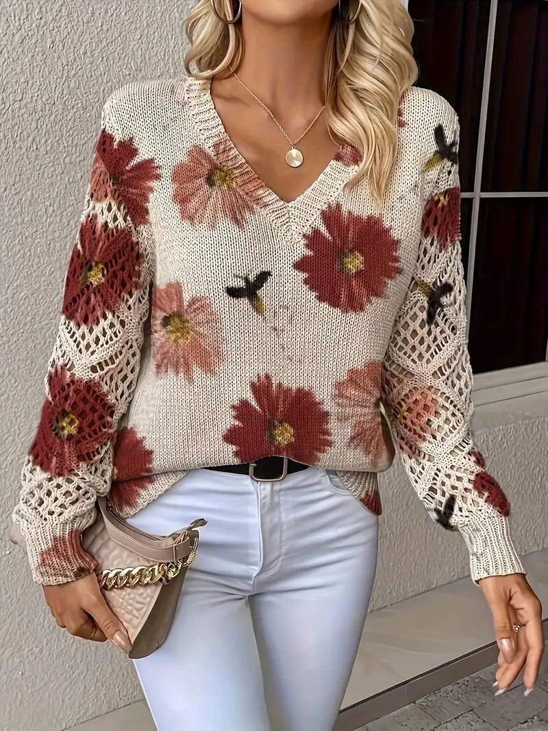 Damen Strickjacke Blumenmuster V-Ausschnitt Regular Fit Leicht Mittelschwer Häkeloptik Freizeit