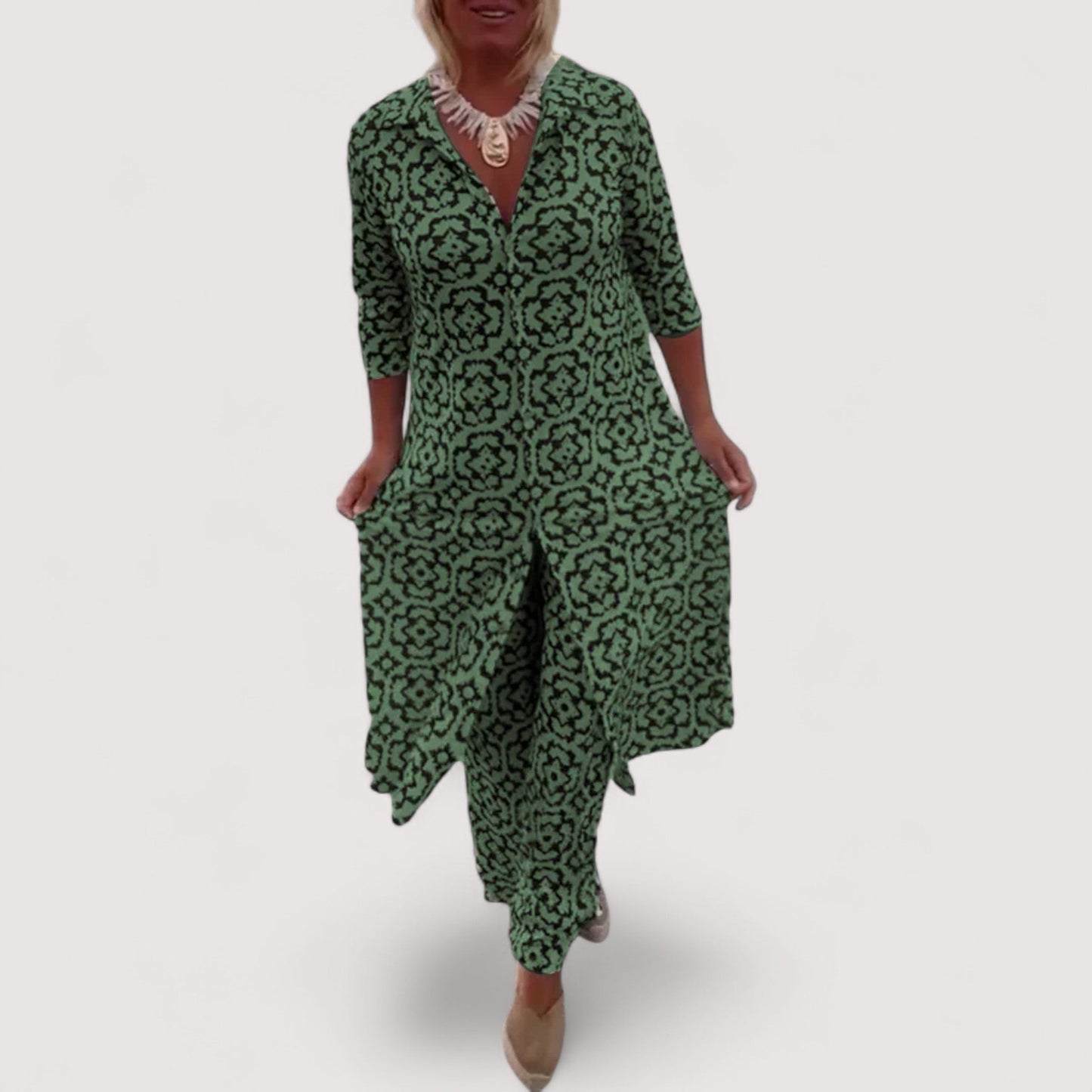 Damen Zweiteiler Set geometrisches Muster locker geschnitten bequem vielseitig kombinierbar elegante Passform
