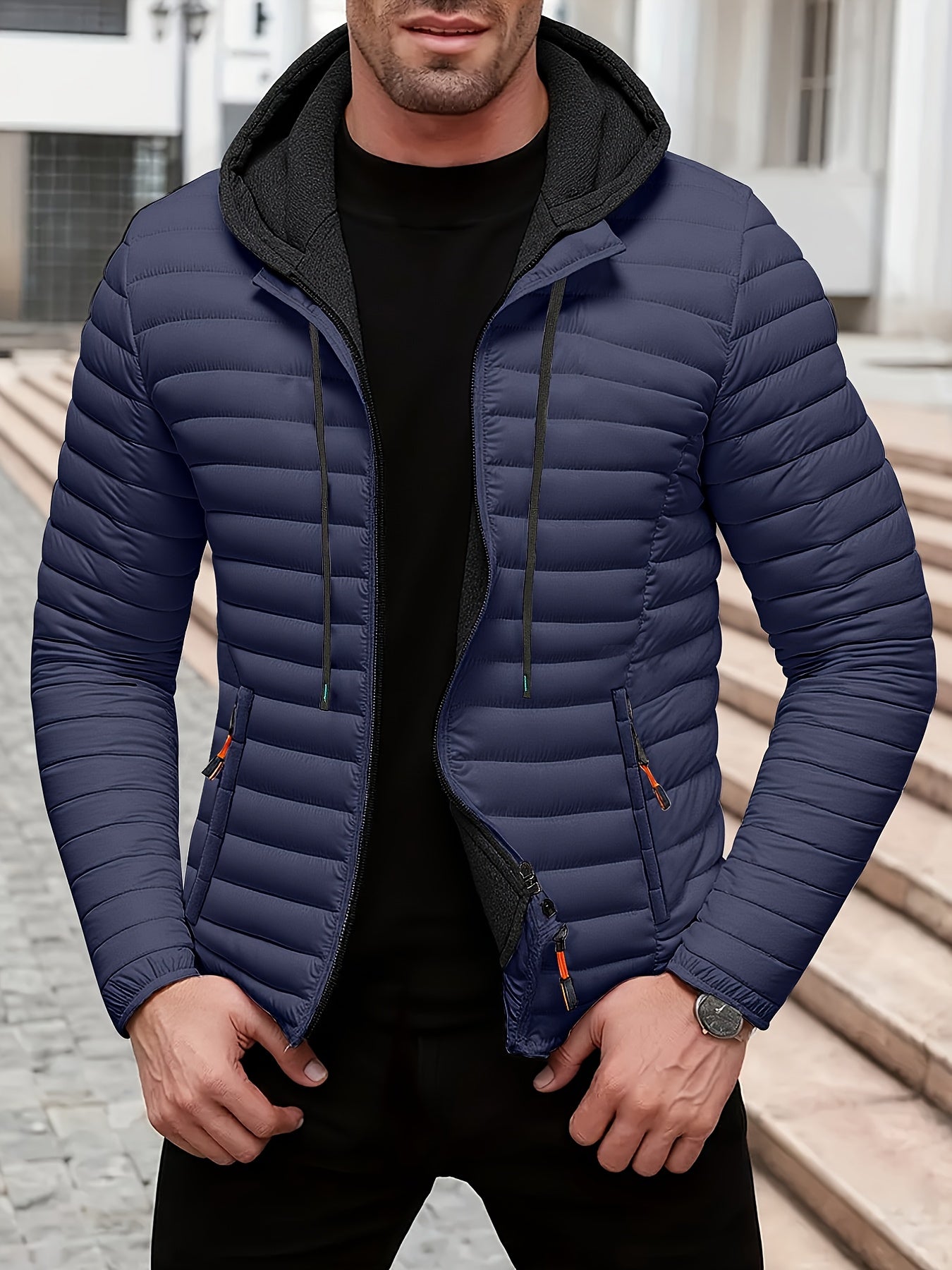 Herren Steppjacke Regular Fit Kapuze Warm Fleece Gefüttert Leicht Winter Übergang Outdoor Alltag