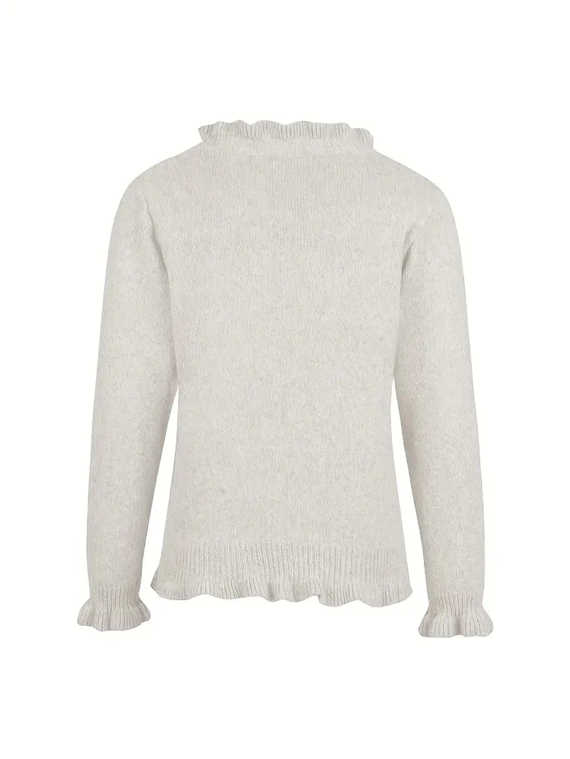 Damen Strickjacke Langarm Tailliert Knopfleiste Rüschen Regular Fit Elegant Freizeit Cardigan