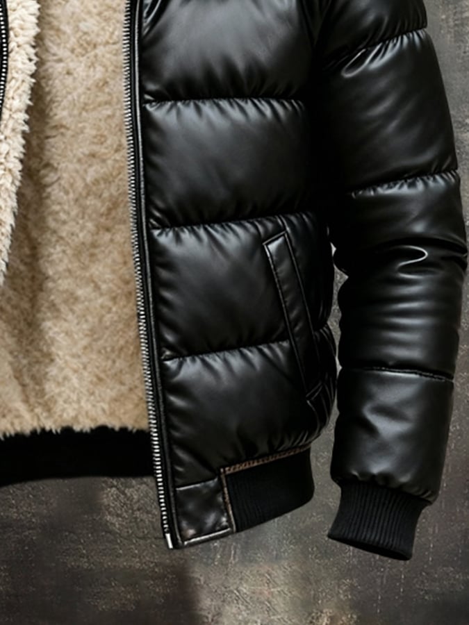 Herren Winterjacke gepolstert Kunstleder hoher Kragen warm winddicht elastische Bündchen