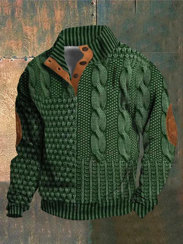 Herren Pullover Patchwork Zopfmuster, Knopfkragen, lange Ärmel, bequeme Passform