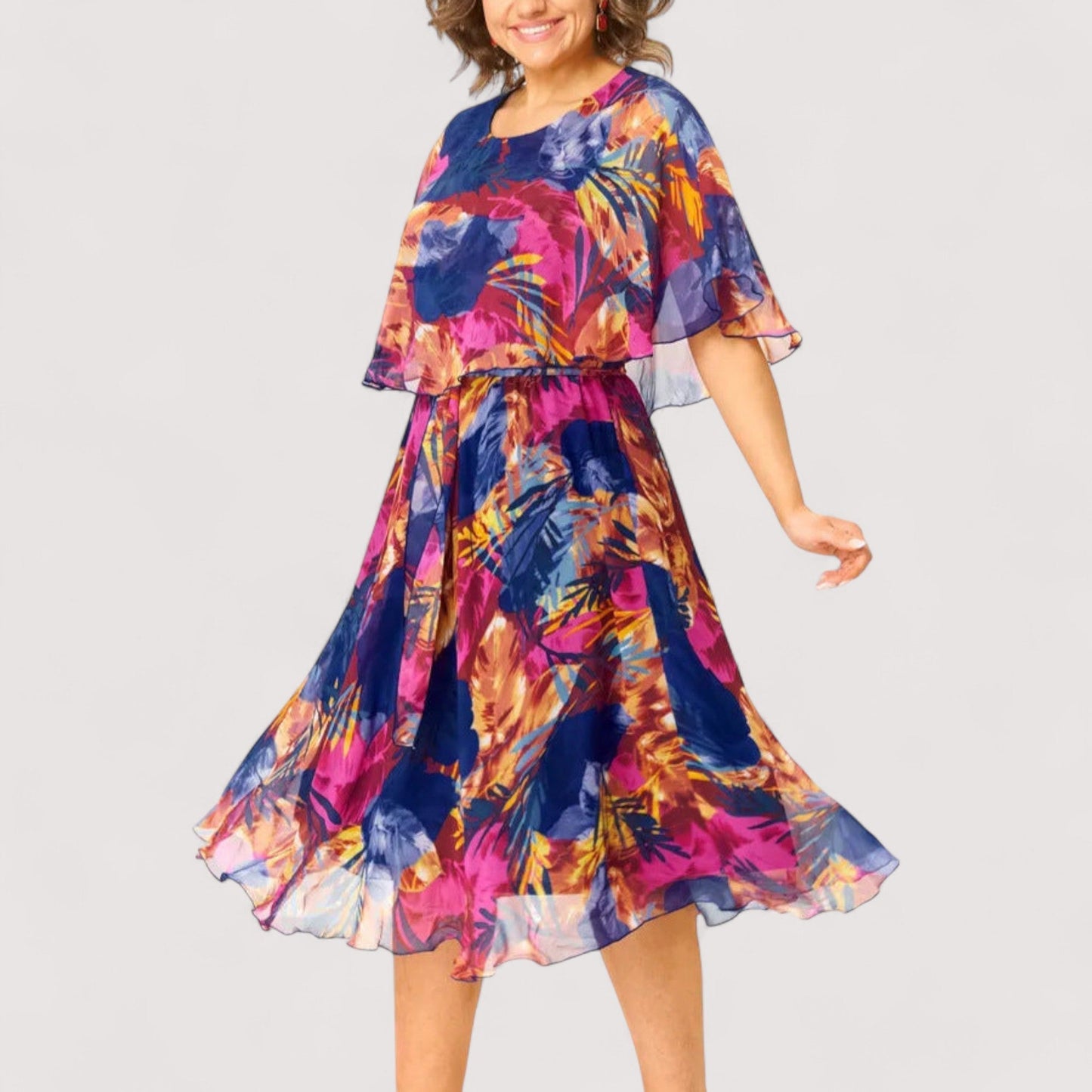 Damen Chiffonkleid leicht luftig ärmellos fließende Passform Sommerkleid mit Print