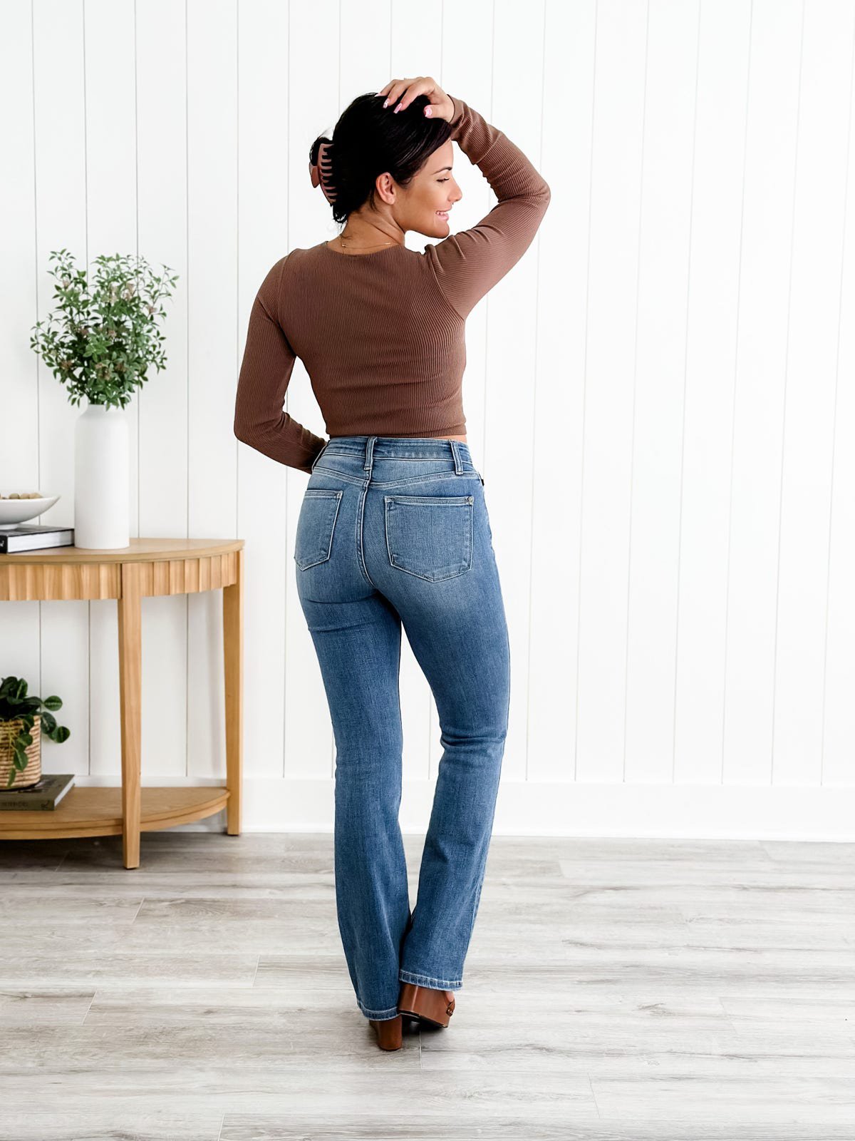 Damenjeans Stretch hohe Taille schlanke Bauchkontrolle, bequeme Passform