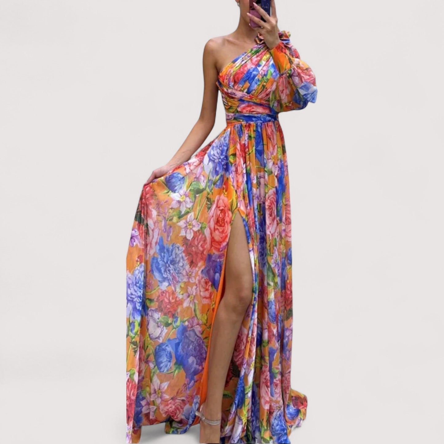Damen Maxikleid One-Shoulder bedruckt weit schwingend elegant lang
