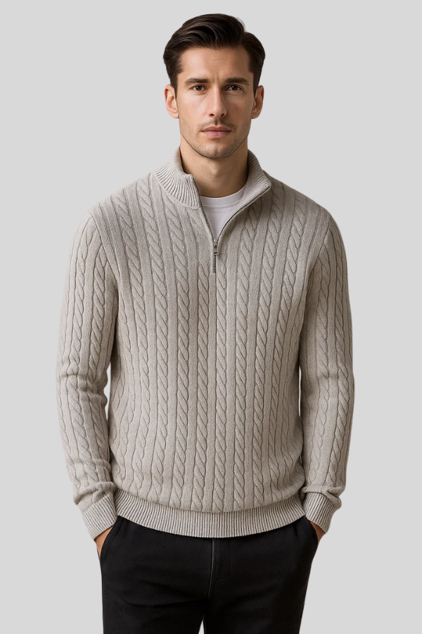 Herren Zopfstrickpullover Stehkragen Reißverschluss Langarm Slim Fit