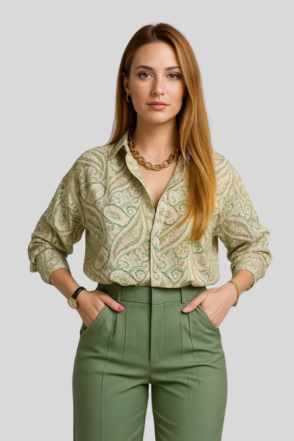 Damen Zweiteiler Regular Fit Hemd mit Knopfleiste und Hose mit hoher Taille Print Set 2-teilig