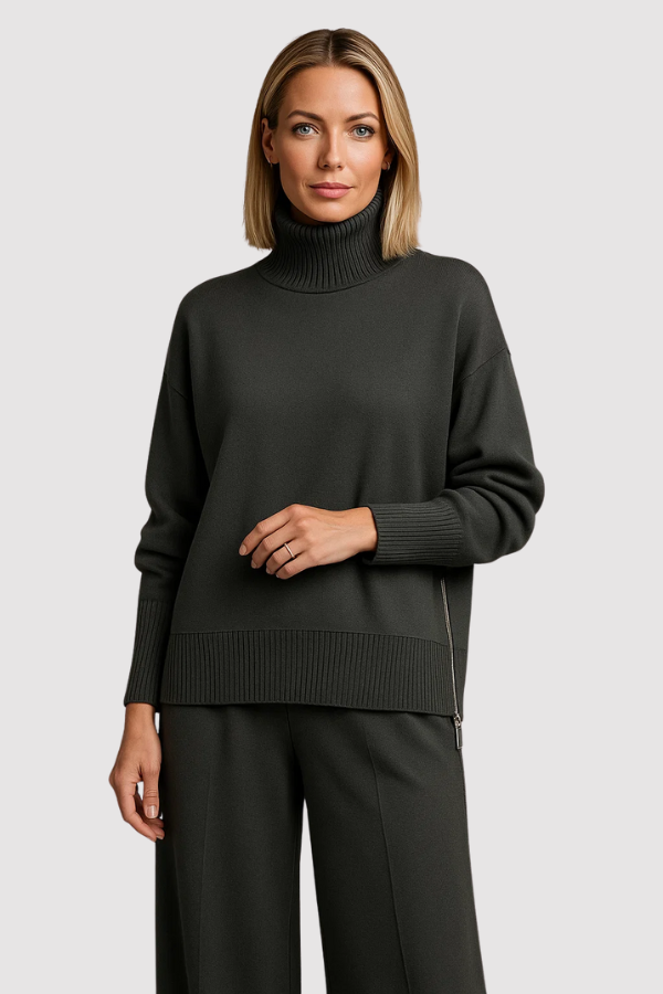 Damen Zweiteiler Regular Fit Strickset Rollkragen Pullover mit weiter Hose Loungewear Set einfarbig 2-teilig