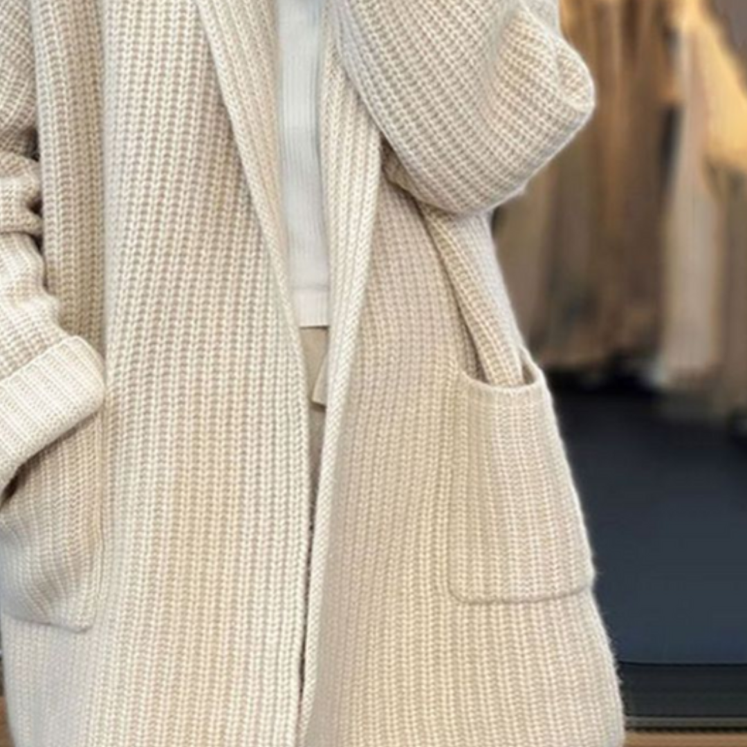 Damen Strickjacke lang Wollmischung offen Grobstrick Regular Fit Taschen Freizeit Cardigan warm