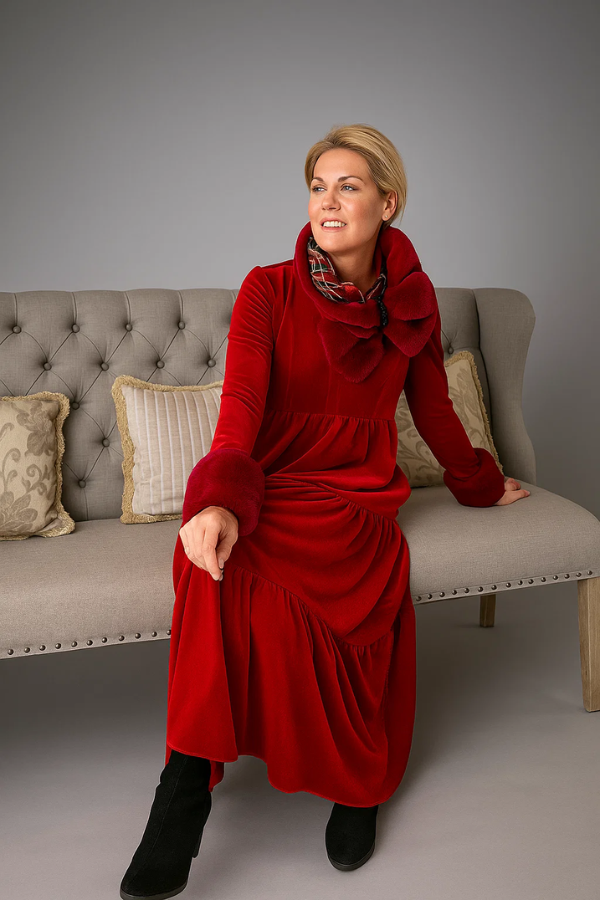 Damen Midikleid einfarbig V-Ausschnitt Langarm A-Linie Taschen komfortable Passform