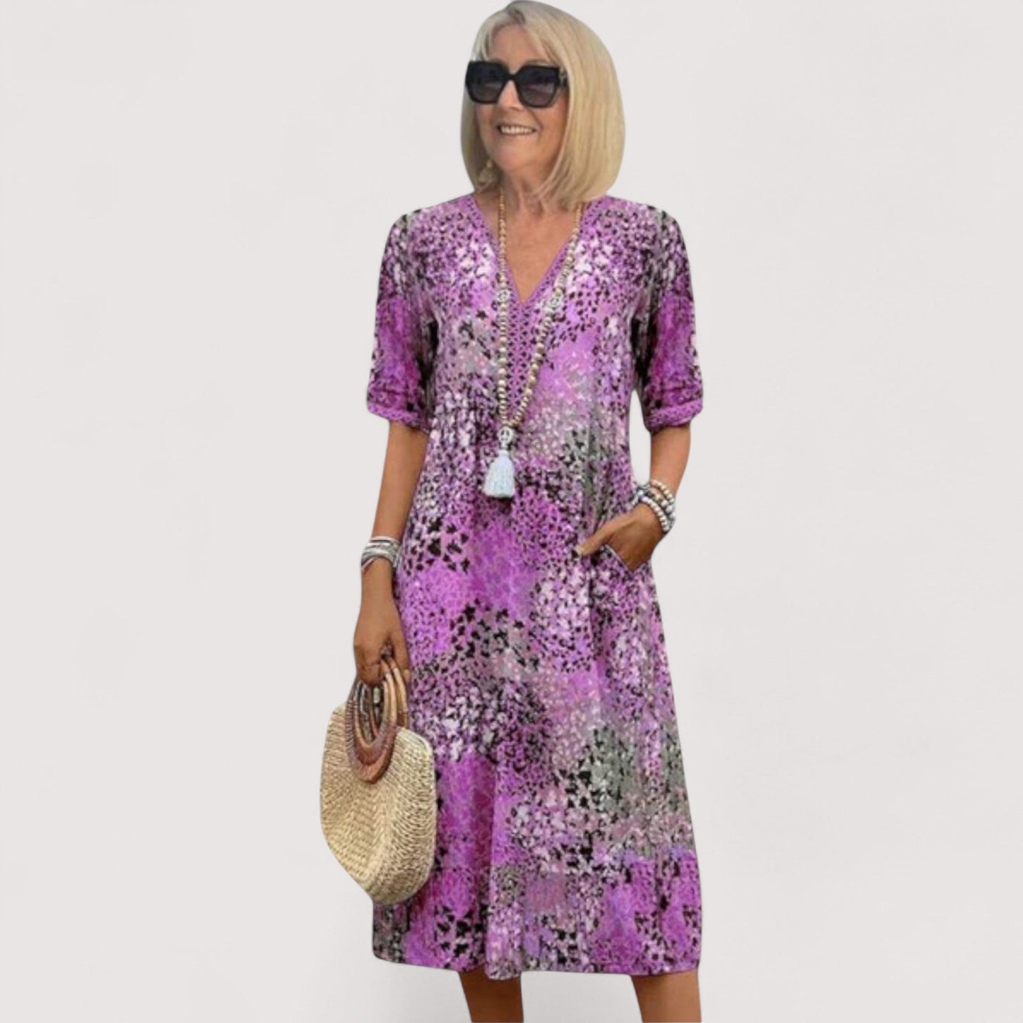 Damen Sommerkleid kurzarm Rundhals locker Passform Taschen atmungsaktiv bequem