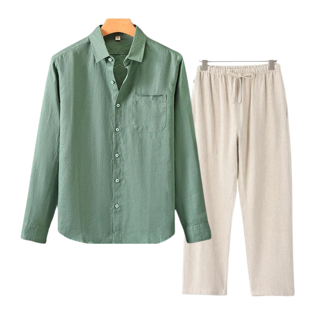 Herren Leinenhemd und Leinenhose Set Sommer Zweiteiler Freizeitanzug aus Leinen
