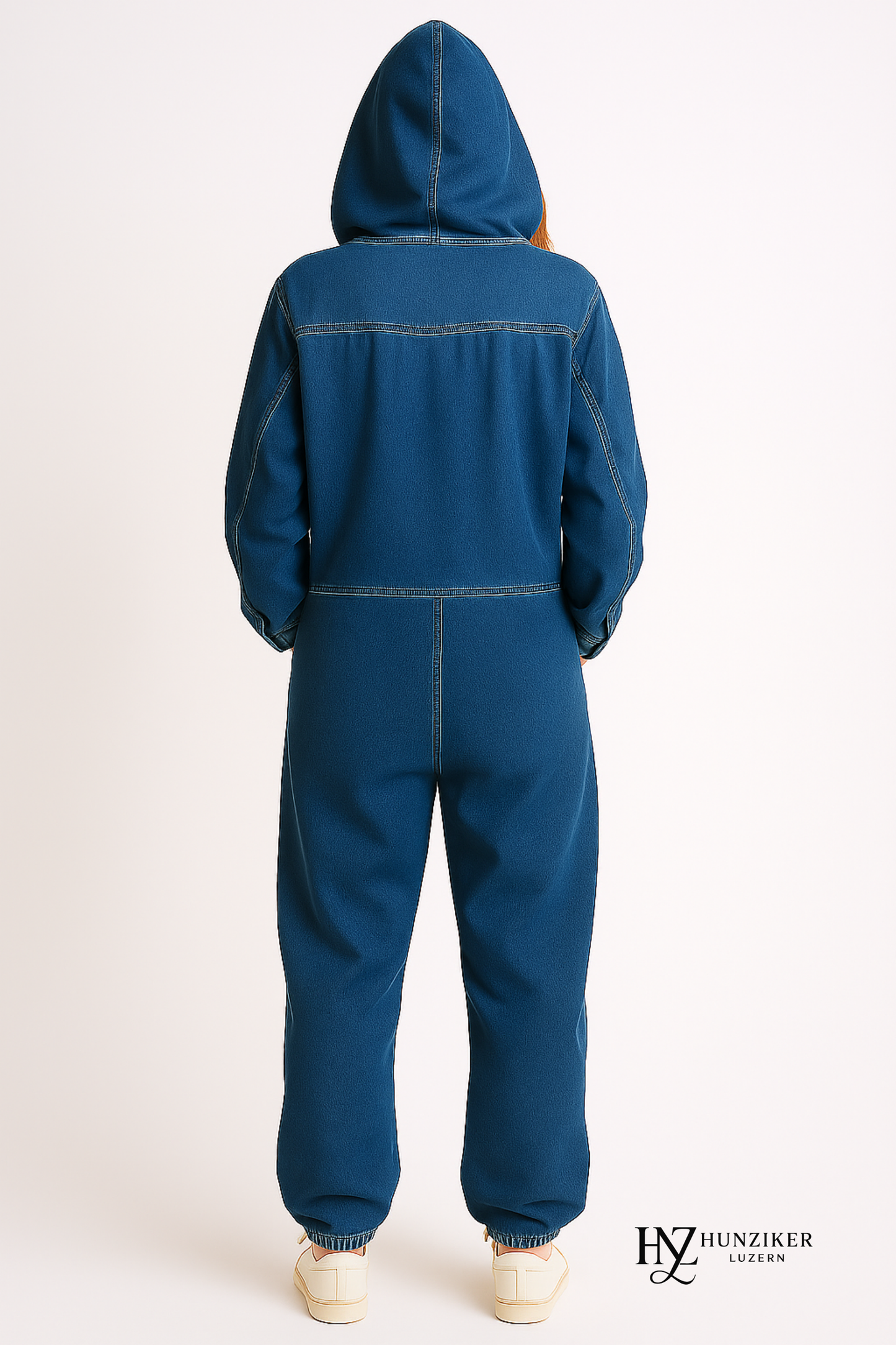 Damen Jumpsuit Denim blau, Kapuze, Reißverschluss, weites Bein, lockere Passform