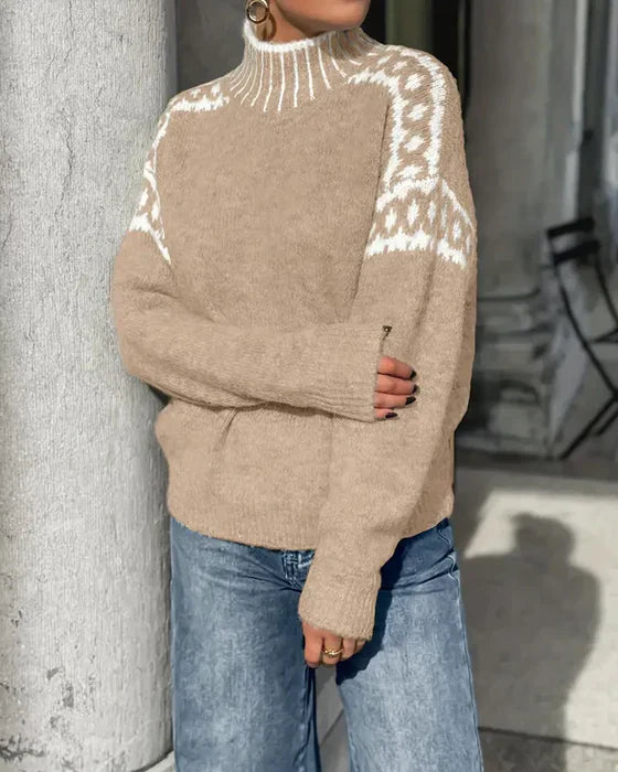 Damen Strickpullover Rollkragen Muster Warm Komfort Winter Alltag