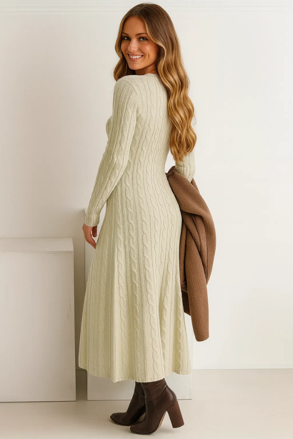 Damen Langkleid Strick figurbetont mit Rundhalsausschnitt langärmlig elastisch bequeme Passform elegant