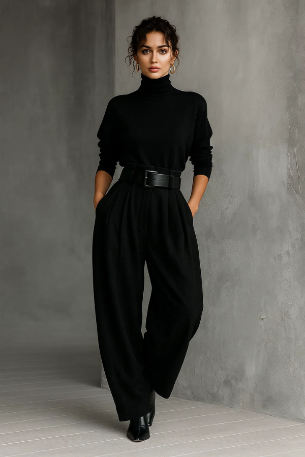 Damen Jumpsuit mit Gürtel, hohe Halsform, weites Bein, lockere Passform, elegant