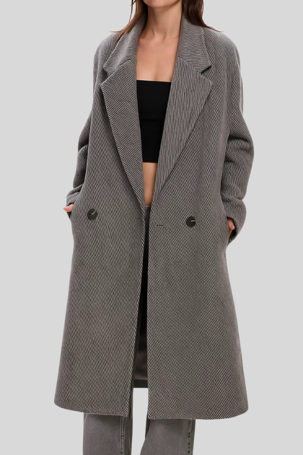 Damen Mantel Fischgrät Grau Lang Tailliert Elegant Warm Klassisch