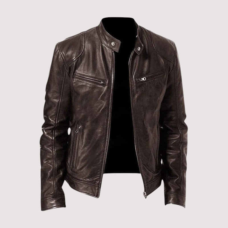 Herren Lederjacke Regular Fit Echtleder Stehkragen Reißverschluss Hüftlang Casual Business Elegant