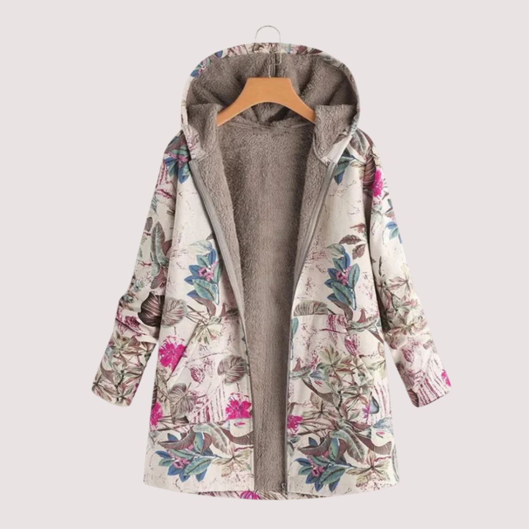 Damen Winterjacke Blumenmuster Kapuze Reißverschluss Kunstfell Fleece gefüttert Regular Fit Übergangs Winterjacke