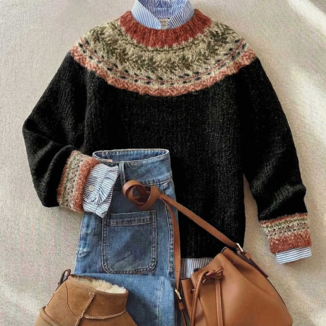 Damen Strickpullover nordisches Muster locker geschnitten warm bequem langarm