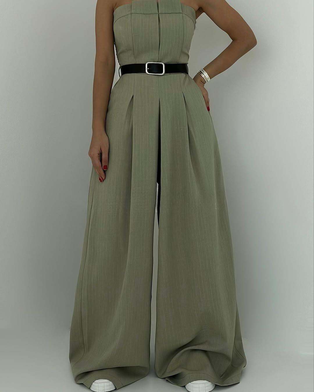 Damen Zweiteiler Regular Fit Jumpsuit mit trägerlosem Oberteil, kurzer Jacke und weitem Bein Set 3-teilig Reise- und Alltagsoutfit