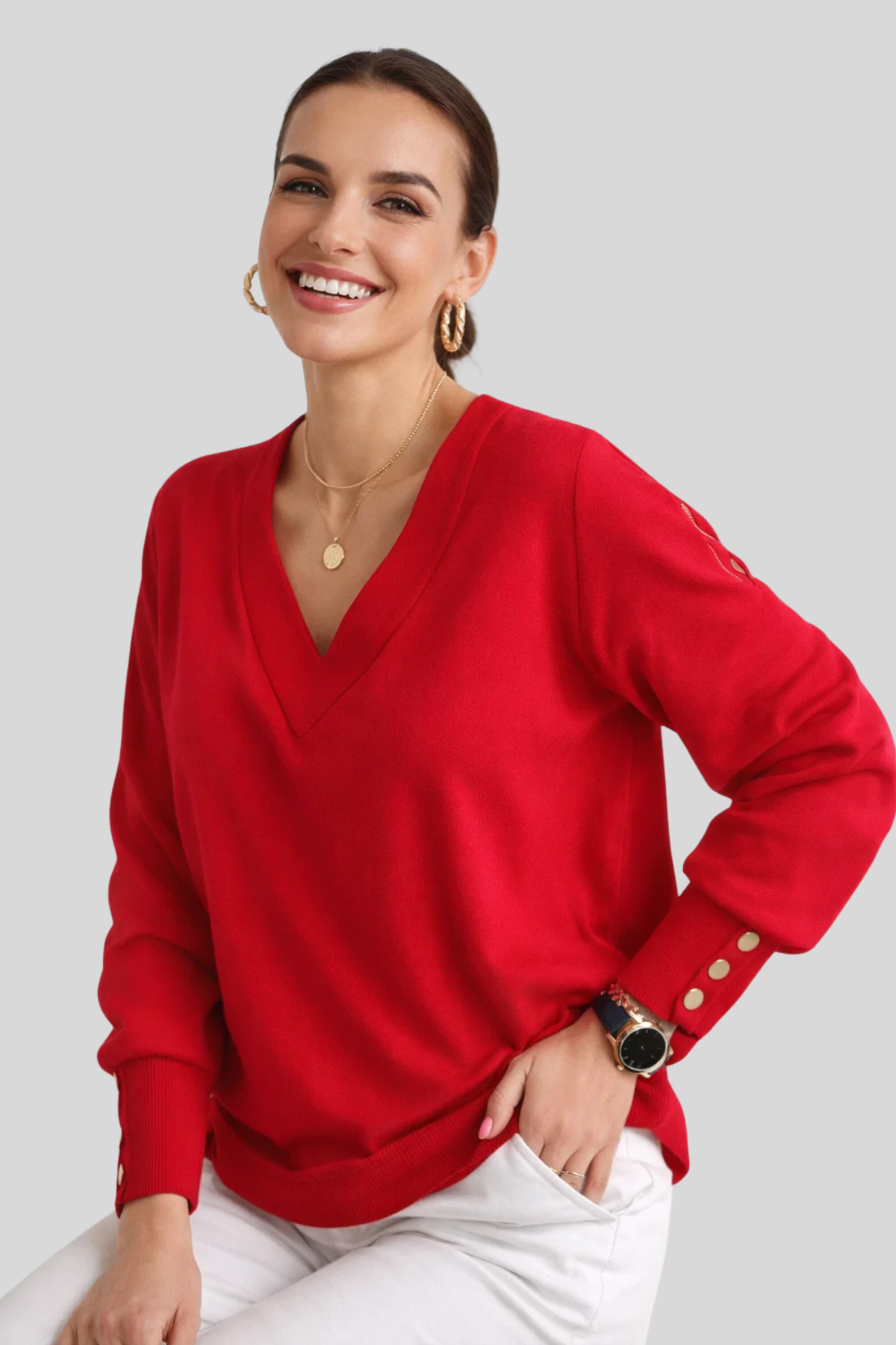 Damen Langarm Top V-Ausschnitt Knöpfe elegante bequeme leichte Passform