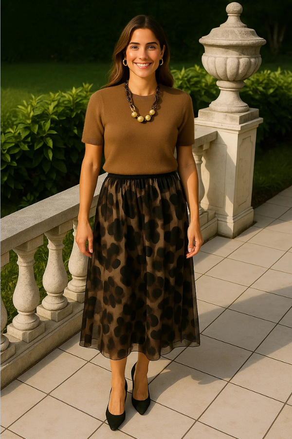 Damen Zweiteiler Regular Fit Strickoberteil mit Kurzarm Mesh-Rock Leopardenmuster A-Linie Set 2-teilig