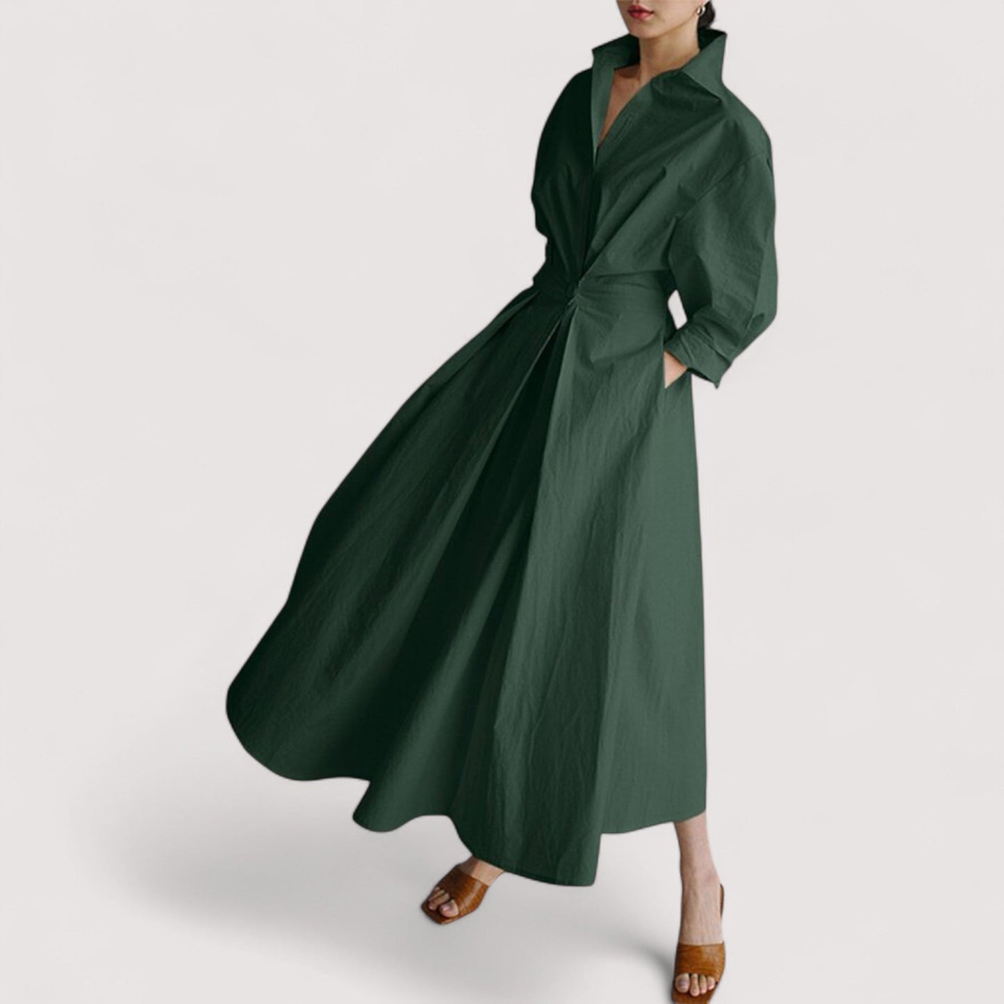 Damen Maxikleid Reverskragen elastischer Bund weit schwingend elegant