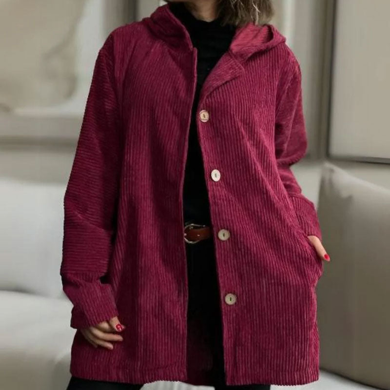 Damen Kordjacke einfarbig Kapuze Langarm Regular Fit Herbst Winter Freizeit Vintage Jacke