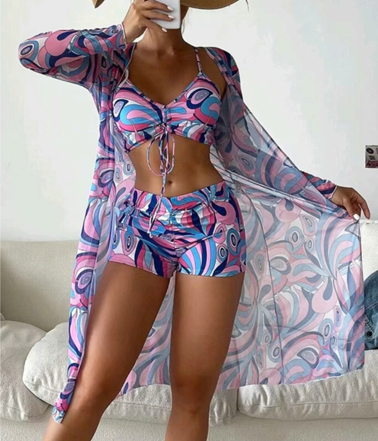 Damen Bikini Set dreiteilig farbenfroh verstellbar Bademode Strand Pool Urlaub