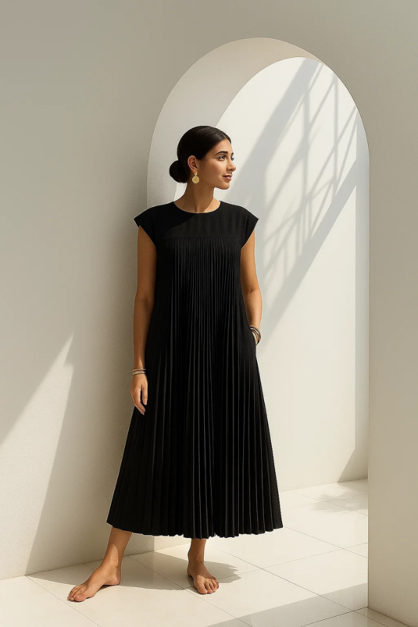 Damen Maxikleid einfarbig ärmellos Rundhals locker Passform Taschen gerafft