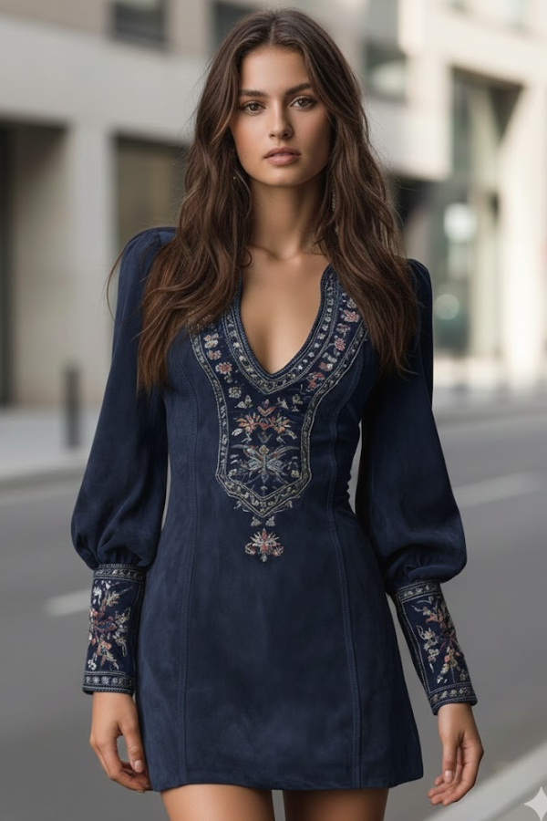 Damen Minikleid lila Suede-Optik Stickerei kurzärmlos elegante Passform