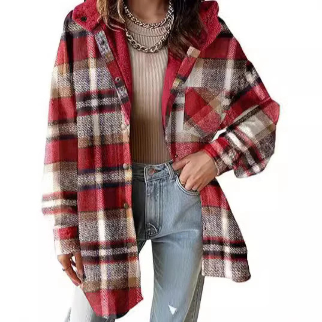Damen Kapuzenjacke Kariert Lockerer Schnitt Warm Casual Übergang Mit Kapuze
