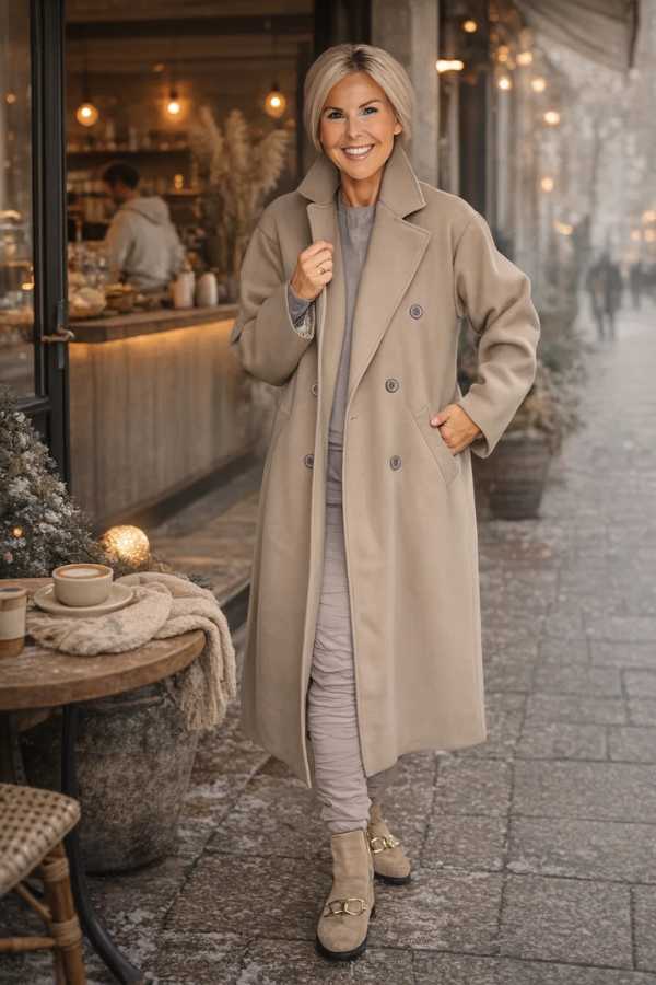 Damen Mantel Lang Doppelreiher Oversized Gefüttert Elegant Casual One Size