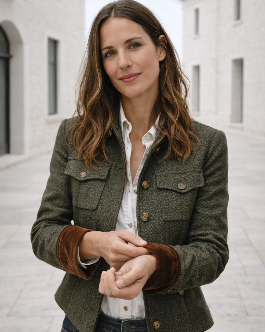 Damen Tweedjacke ist in der Taille tailliert elegante strukturierte Samtdetails klassische Passform