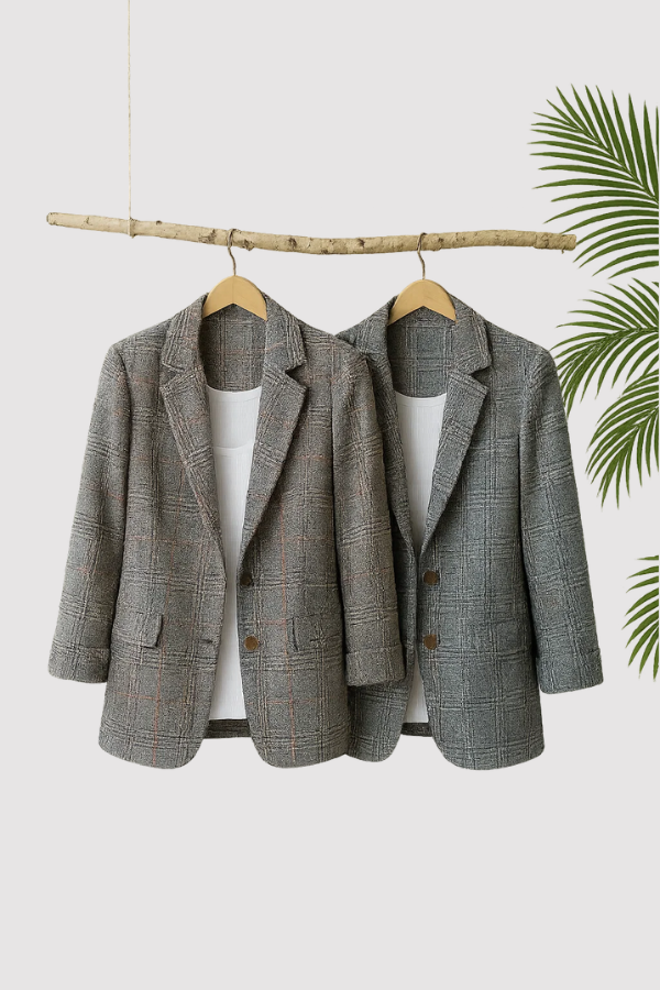 Damen Blazer Kariert Lang Lockerer Schnitt Casual Elegant Leicht Übergang