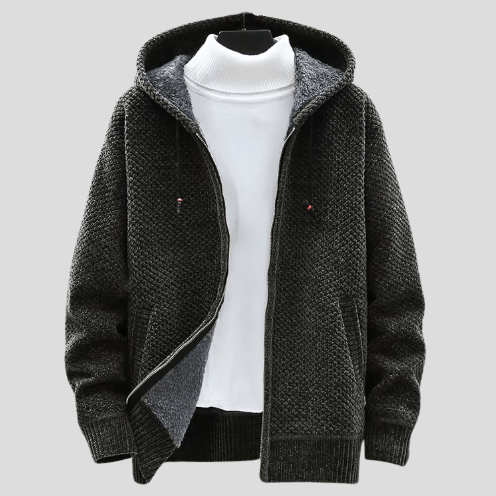 Herren Strickjacke mit Kapuze Regular Fit Fleece Innen gefüttert Reißverschluss Warm Strukturiert Alltag Herbst Winter Minimalistisch