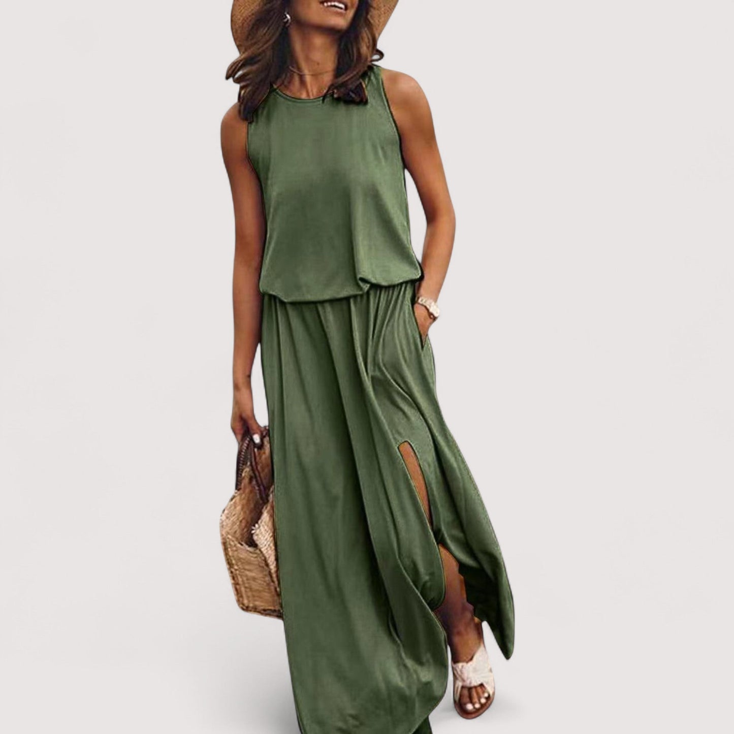 Damen Sommerkleid Schlitz breite Taille locker Passform leicht atmungsaktiv
