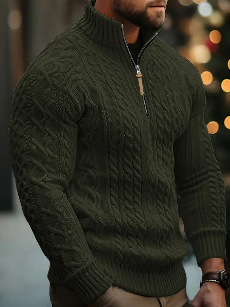 Herren Strickpullover, halber Reißverschluss Kragen Zopfmuster Stehkragen elastisch bequem