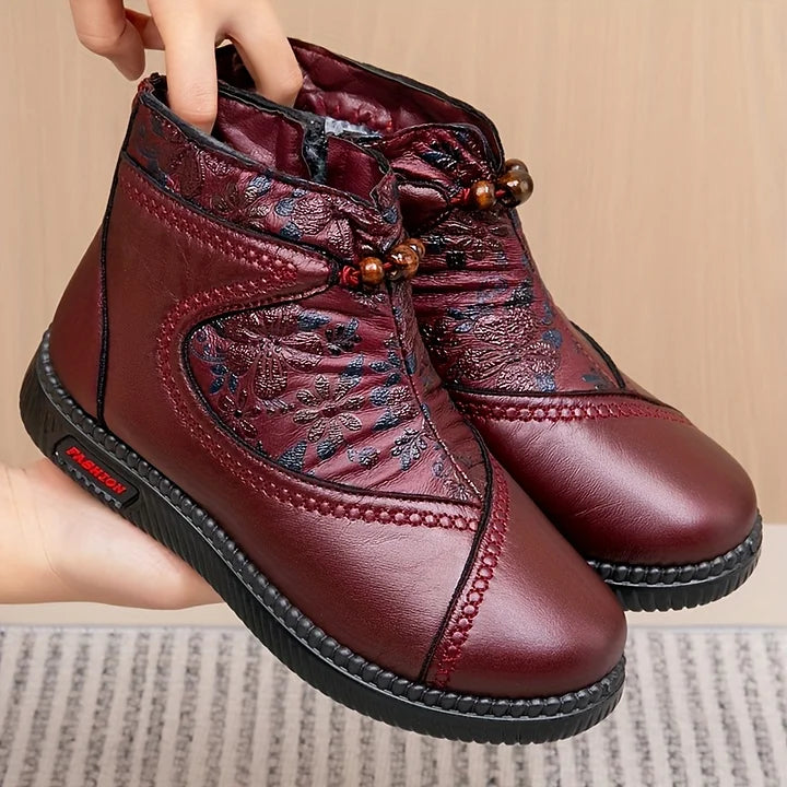 Damen Stiefeletten Lederoptik Blumen Reißverschluss gefüttert rutschfest bequem