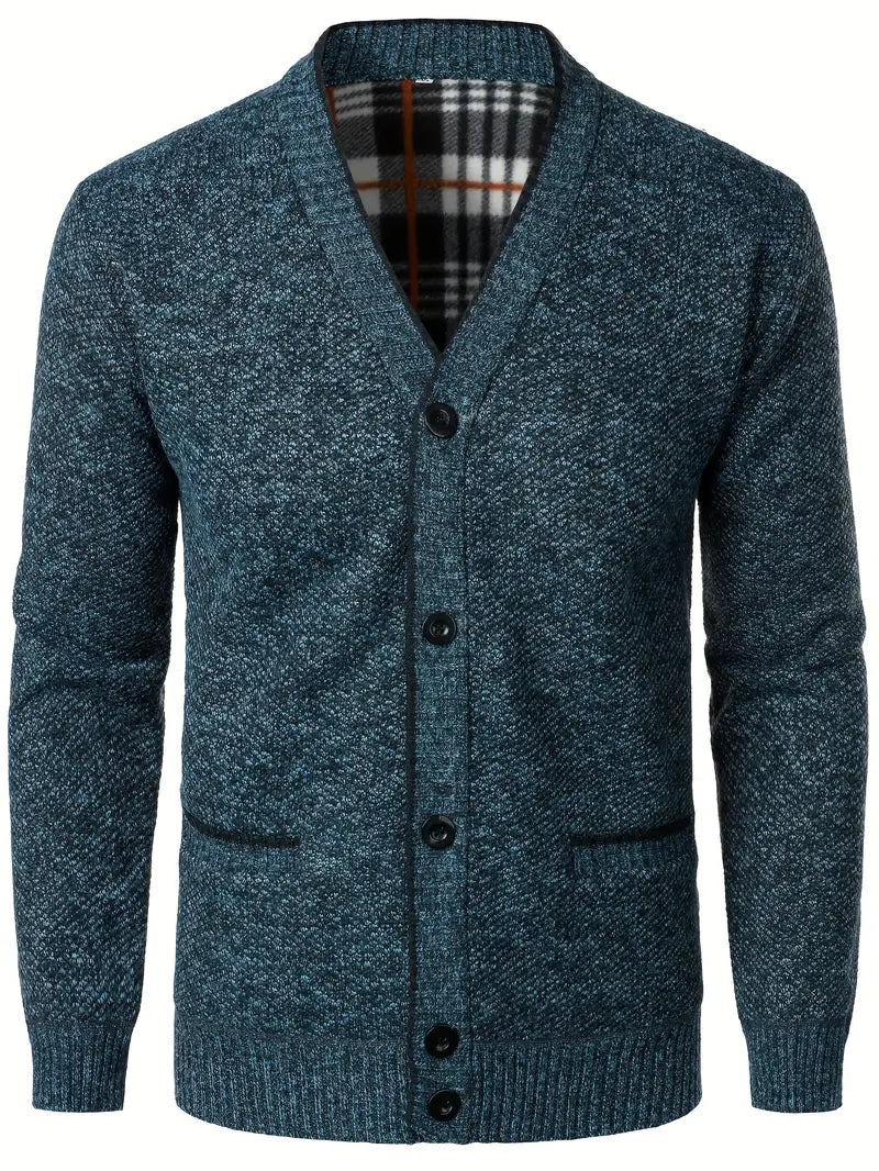 Herren Strickpullover Knopfleiste Taschen Langarm gefütterter Innenraum bequem