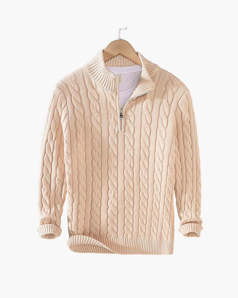Herren Zopfstrickpullover Stehkragen Reißverschluss Langarm Slim Fit