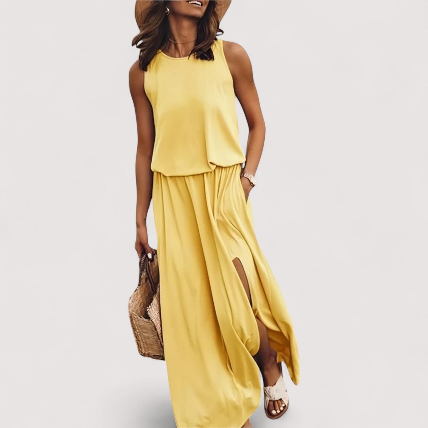 Damen Sommerkleid Schlitz breite Taille locker Passform leicht atmungsaktiv