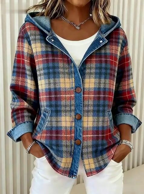 Unisex Karojacke Kapuze Knopfverschluss Karomuster Lässige Layering-Jacke