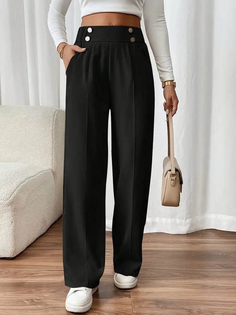 Damen Hose Regular Fit Weites Bein Elastischer Bund Seitentaschen Casual Elegant Alltag Büro