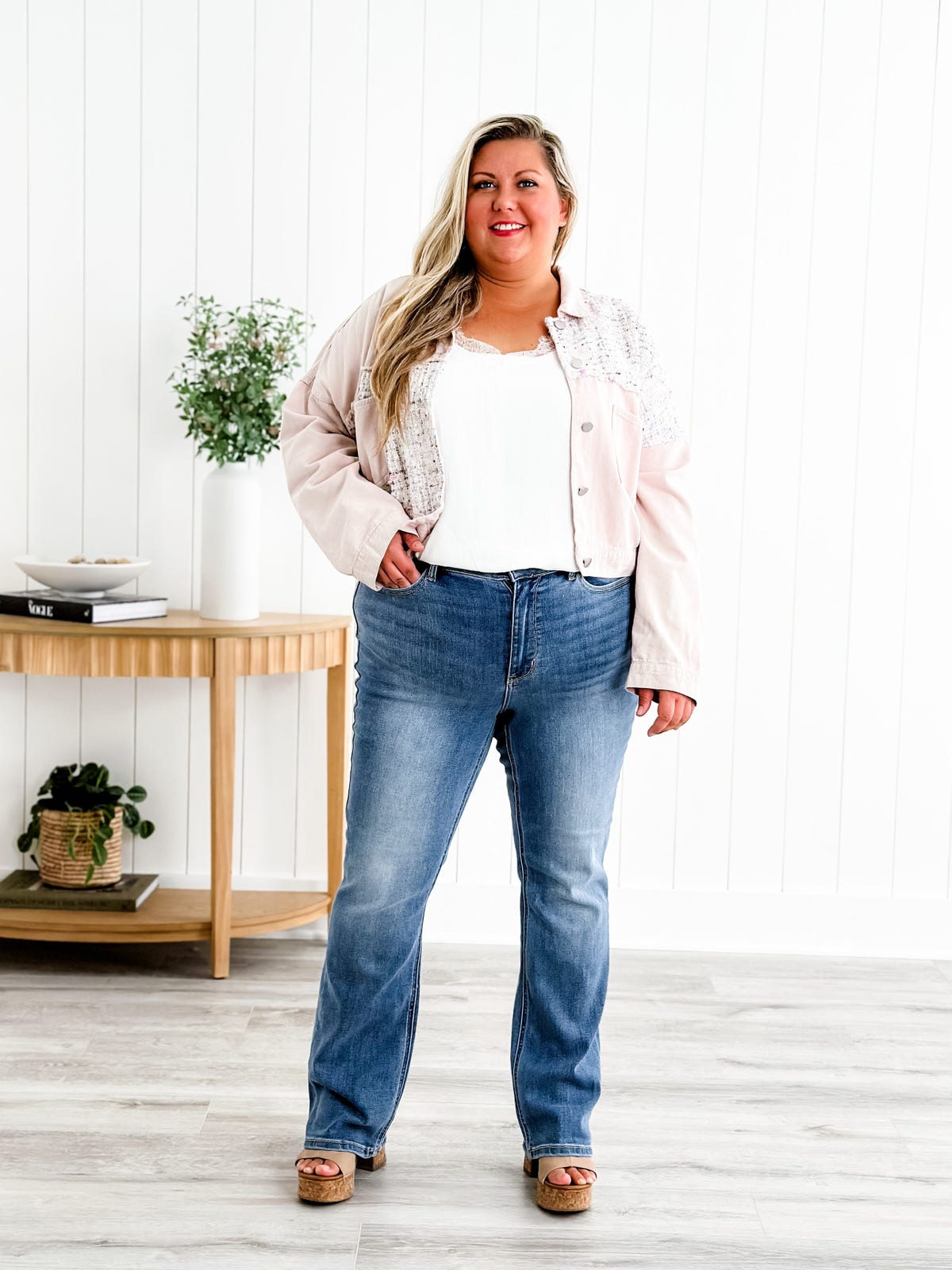 Damenjeans Stretch hohe Taille schlanke Bauchkontrolle, bequeme Passform