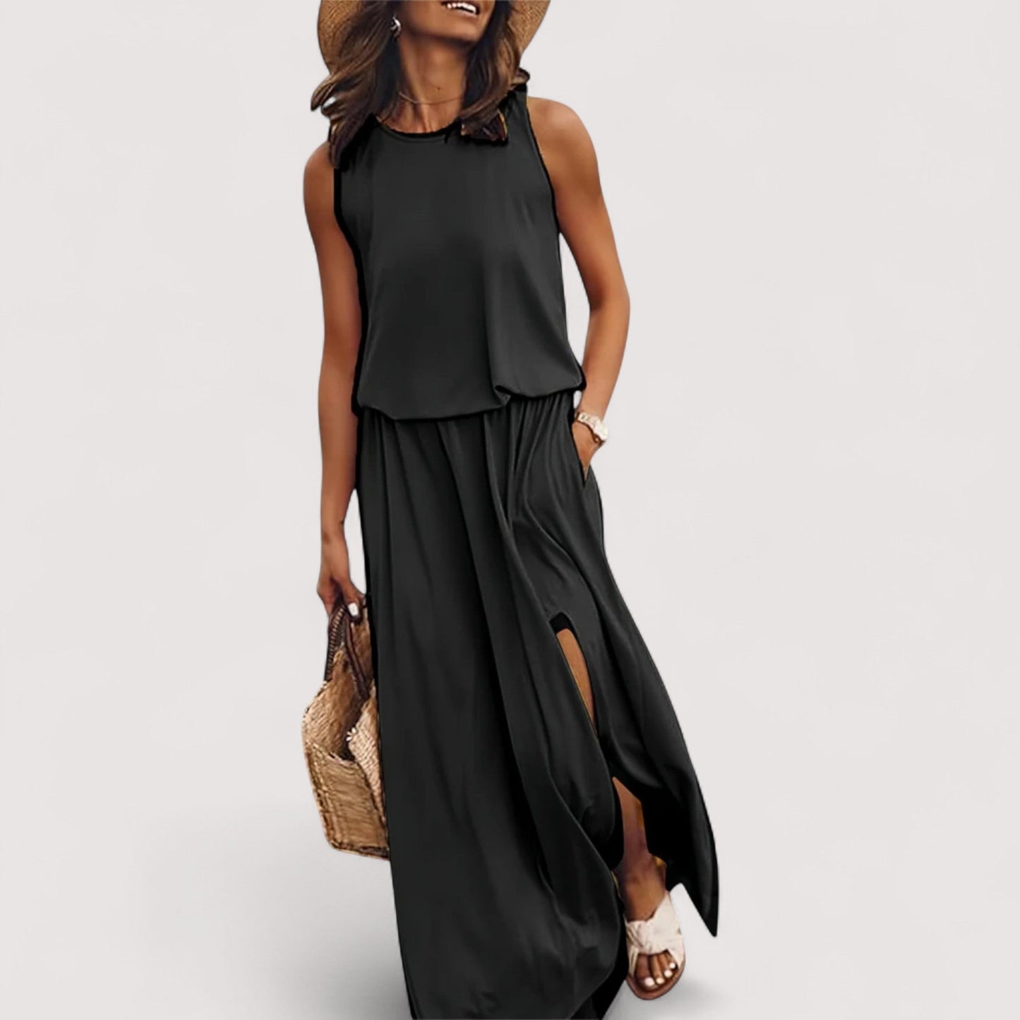 Damen Sommerkleid Schlitz breite Taille locker Passform leicht atmungsaktiv